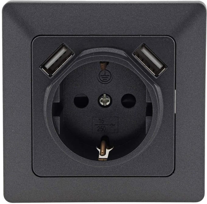 Stopcontact met 2x USB 1A in antraciet met frame