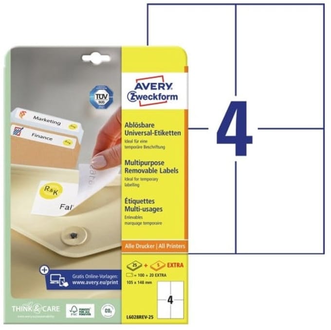 Avery L6028REV-25, Wit, Rechthoek, Verwijderbaar, A4, Universeel, Papier
