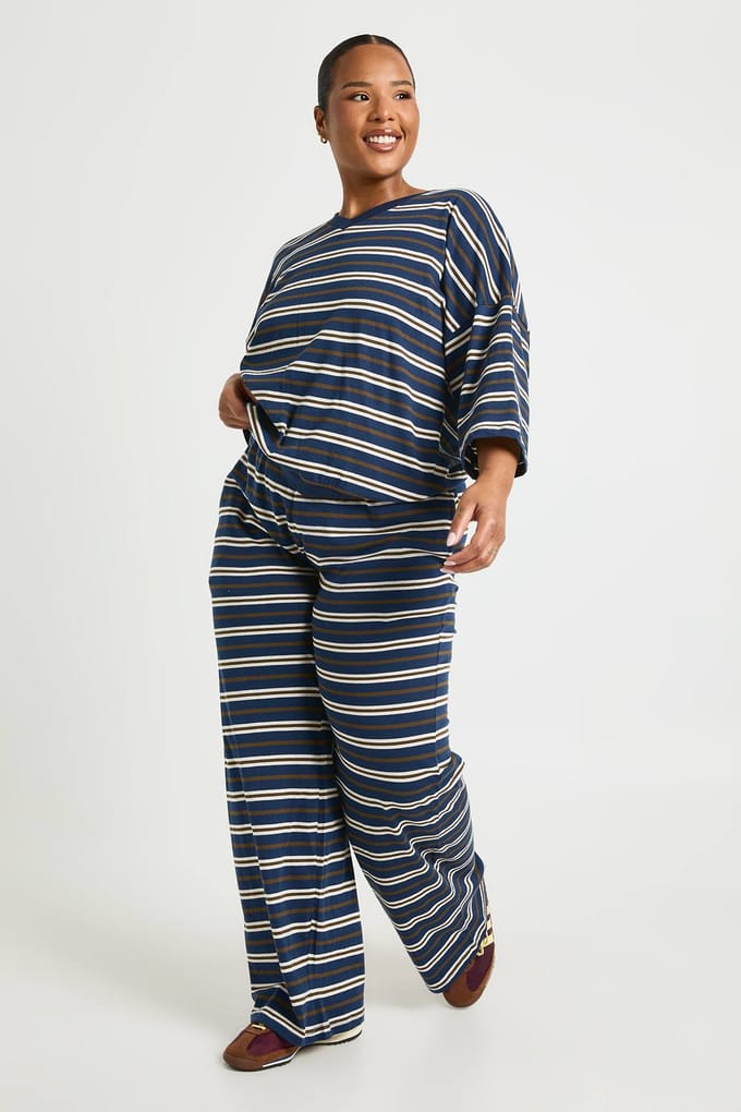 boohoo Dames Plus Gestreepte Wijde Broek | Marineblauw | Maat: 44
