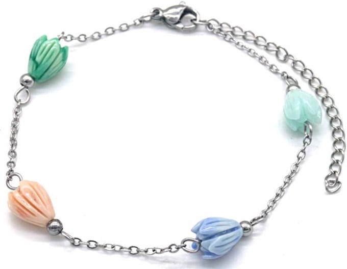 Armband Dames - Gekleurde Bloemen - RVS - Lengte 17-21 cm - Zilverkleurig