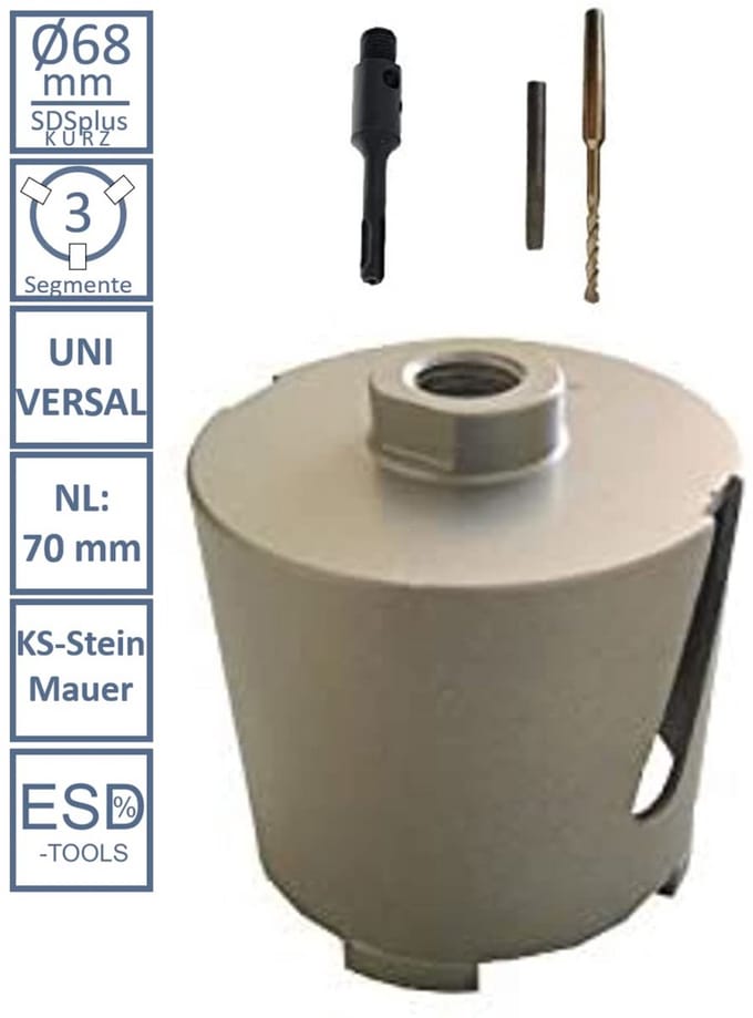 Diamant Boorkop - Kernboor Kroon - Stopcontacten Plaatsen - 3 Diamant Segmenten - 68 mm - Zilver
