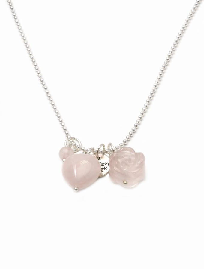 Heaven Eleven ketting rvs ballchain met een rosequartz hart/bloem natuursteen