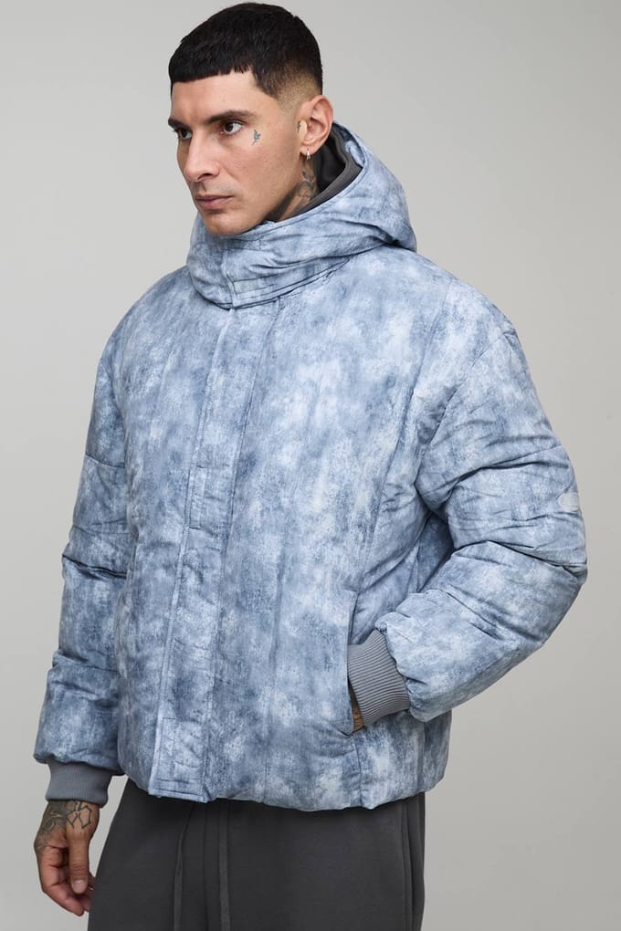Tall Oversized Fit Gewassen Nylon Kap met Trechternek en Duvet Pufferjas | Grey | Size Large