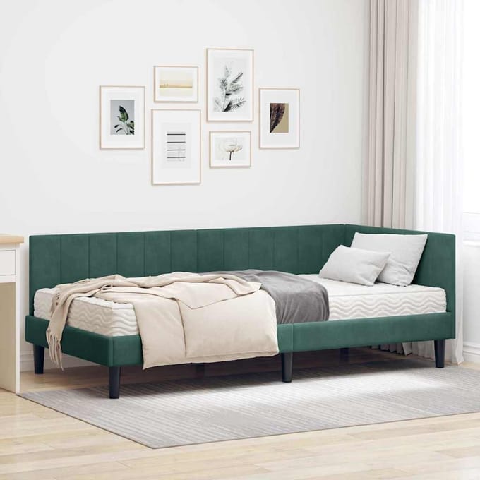 vidaXL - Hoekbedframe - met - Matras - 2 - st - Donkergroen - 90 - x - 200 - cm - Fluweel