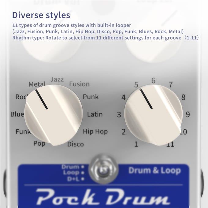Ammoon PockDrum Drum & Loop Gitaareffectpedaal 3 standen 11 drumstijlen 11 ritmetypen Ingebouwd veelkleurig