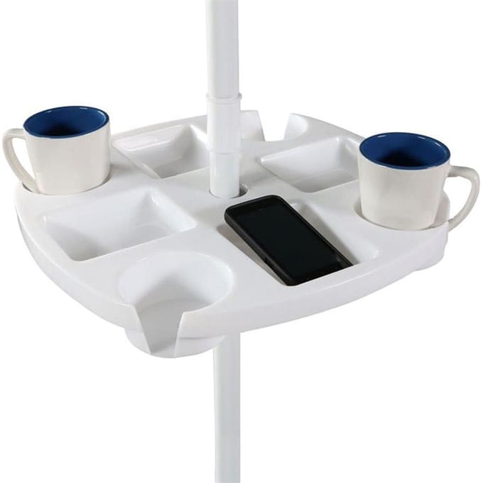 Table de Parasol de Plage Extérieur avec 4 Porte-Gobelets et 4 Compartiments à Snacks Plateau en Plastique pour Jardin blanc
