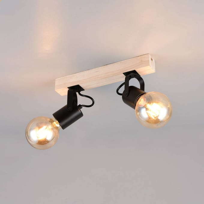 Reality Leuchten Plafondlamp Lynar, zwart, hout, metaal, lengte 31 cm, 2-lamps.