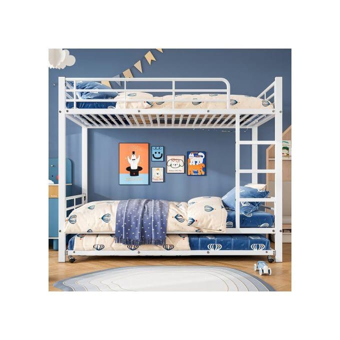 Lit superposé - MUVOE - 90x200cm & 90x190cm - Métal blanc - 3 places - Sécurisé avec barrières blanc