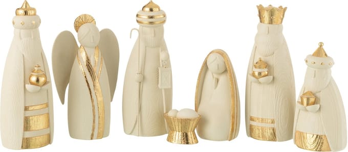J-Line decoratie Kerststal 7delig - polyresin - wit/goud - kerstversiering