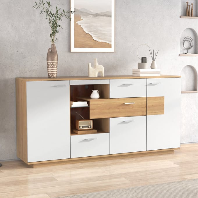 REDOM Dressoir 160x40x77 cm van MDF, houtwit design met LED-verlichting en veel opbergruimte