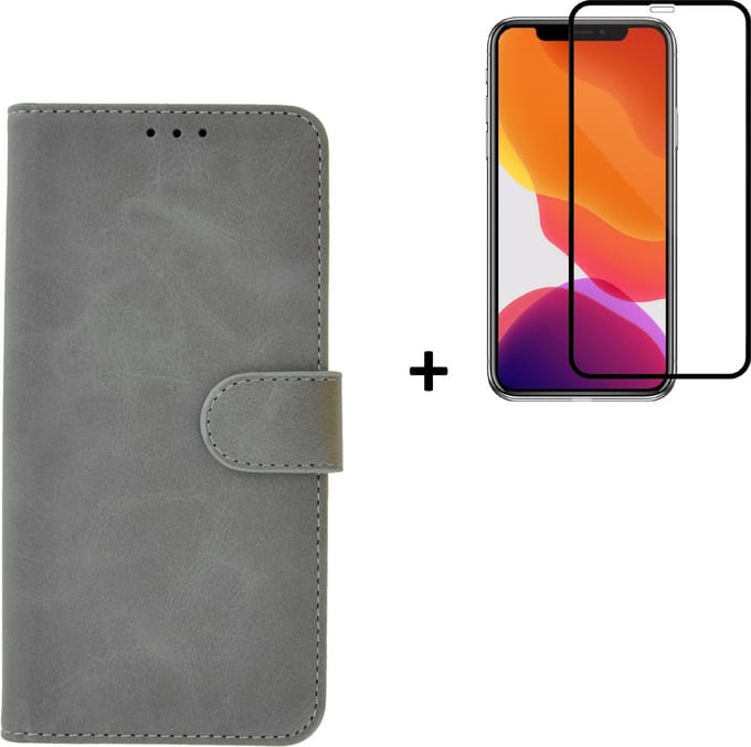 Hoesje Geschikt voor iPhone 11 Pro Max + Screenprotector iPhone 11 Pro Max - iPhone 11 Pro Max Hoes Wallet Bookcase Grijs + Full Tempered Glass