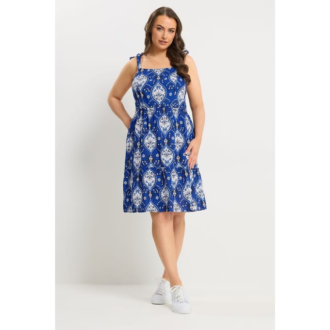 Yours Kobaltblauwe Gesmokte Linnen Jurk Met Bandanaprint Size 42