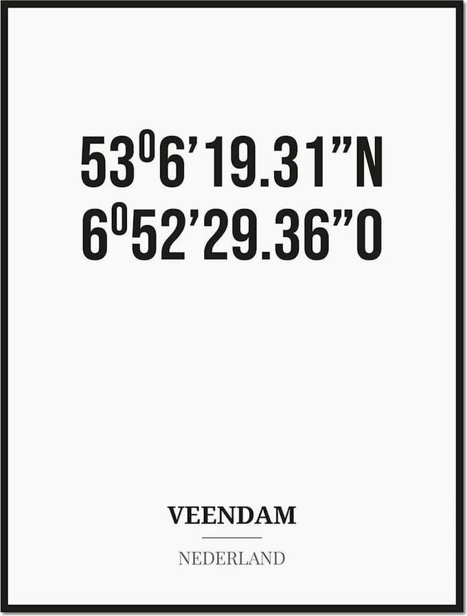 Poster/kaart VEENDAM met coördinaten