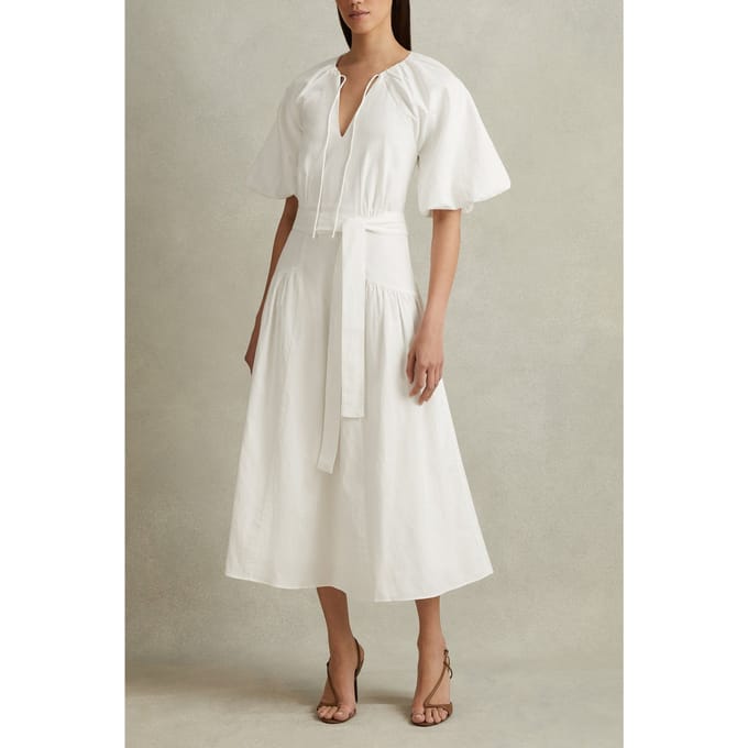 Reiss Cotton Puff Sleeve Dress White Größe: 4 | Midikleider Outlet | Damen | Weiß