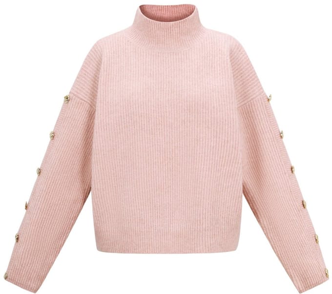 Comfortabele Gebreide Polyester Dames Trui met Schildkraag en Goudkleurige Knopen - Gebroken Wit - S/M