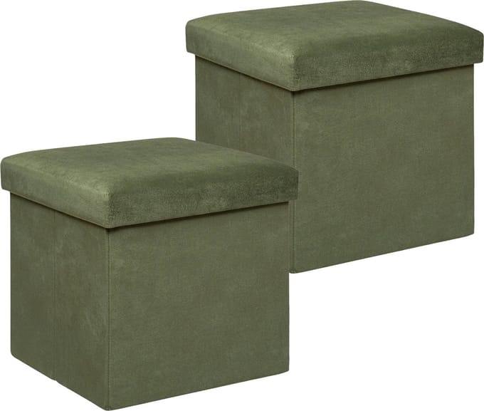 Atmosphera Poef/krukje/hocker Amber - 2x - Opvouwbare zit opslag box - fluweel Dennengroen - D38 x H38 cm - MDF/polyester