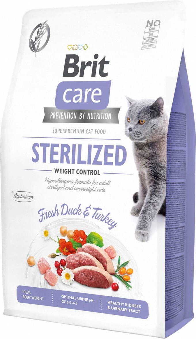 2 kg Brit Care Sterilized Weight Control met eend en kalkoen droog kattenvoer