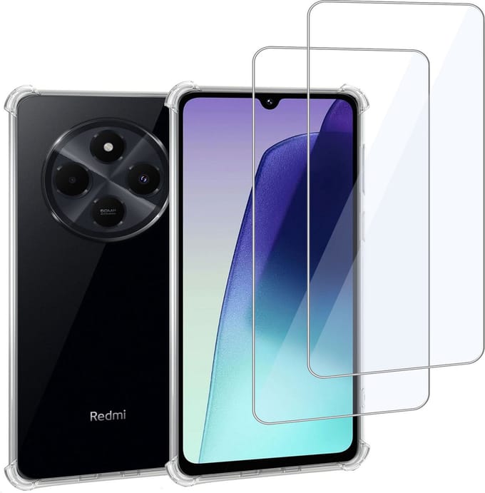 Geschikt voor Xiaomi Redmi 14C - Hoesje + 2x Screenprotector – Gehard Glas Cover + Shock Proof Case – Transparant