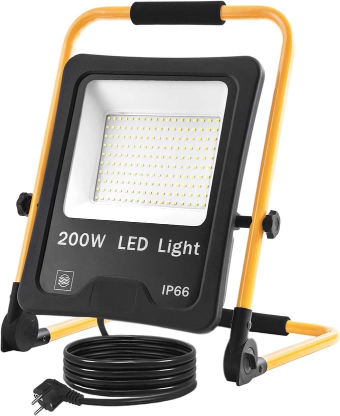 Draagbare LED Bouwlamp 200W met Inklapbare Beugel en 3m Netsnoer - IP66 Waterdicht en Verstelbaar