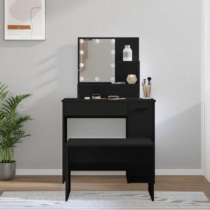 Kaptafel Set met LED Verlichting en Kruk in Zwart
