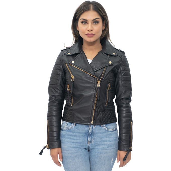 Dames leren gewatteerde vintage Brando bikerjack-Lusaka