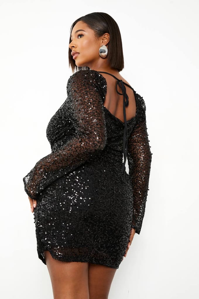 boohoo Dames Plus Pearl Gerafeld Bodycon Jurk | Black | Maat: 22