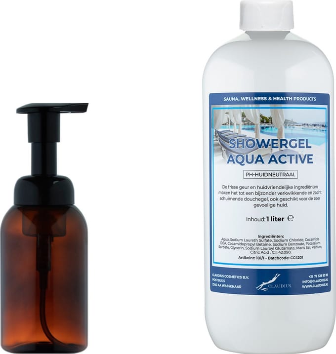 Zeepdispenser 300 ml amber bruin hervulbaar + 1 liter Showergel Aqua Active navulling
