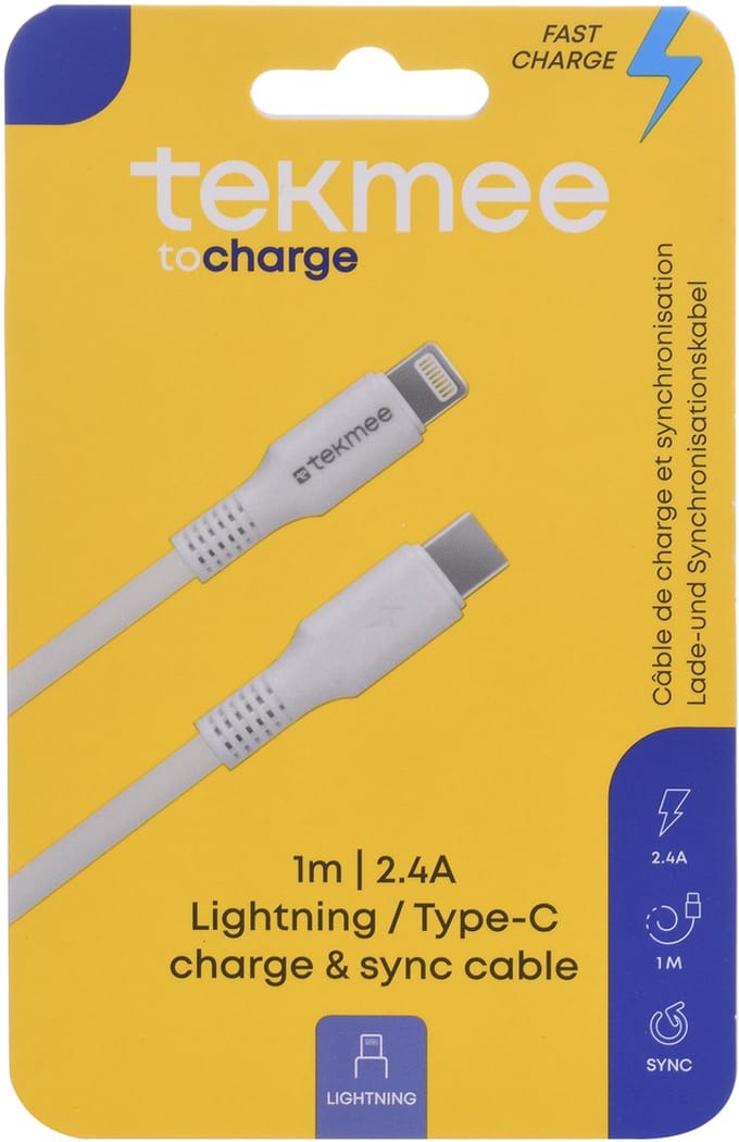 Tekmee oplaadkabel Fast Charge Lightning USB-C 1M wit speelgoed.