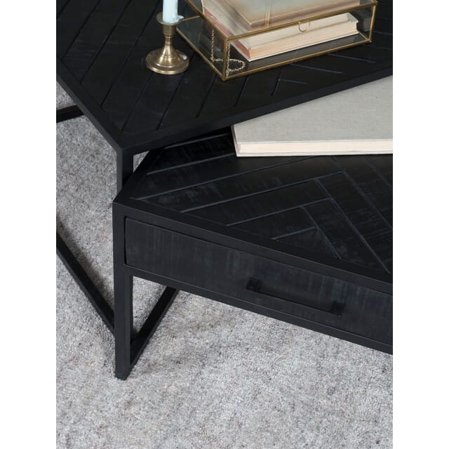 Salontafel Ruby Visgraat - Zwart Mangohout - Set van 2 - Visgraat patroon