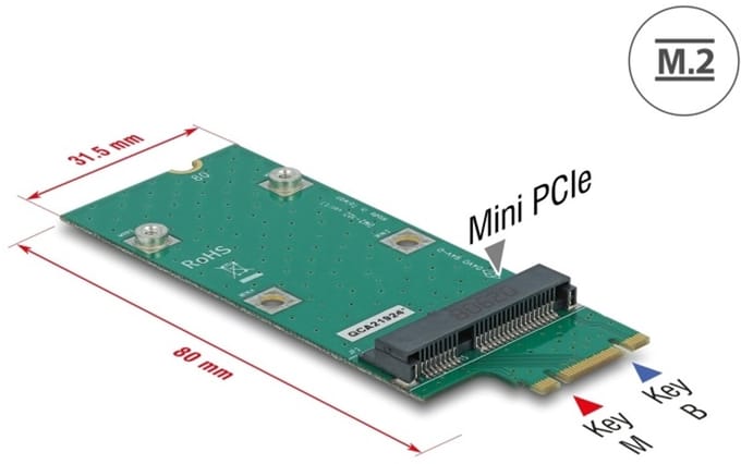 Delock Adapter M.2 Key B+M to Mini PCIe slot (PCIe / USB)