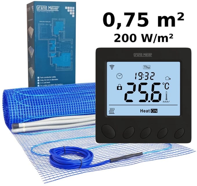Elektrische vloerverwarmingsset 0,75 m², 200 W/m² + W390 Wi-Fi programmeerbare thermostaat