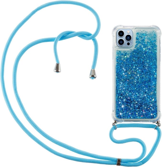 Lunso - Backcover hoes met koord - Geschikt voor iPhone 14 Pro Max - Glitter Blauw