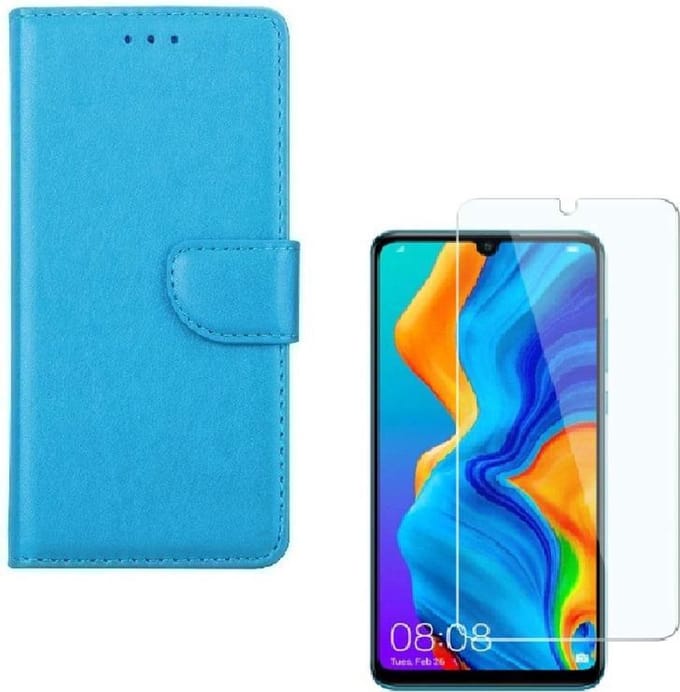 hoesje Geschikt voor: Huawei P30 Portemonnee Turquoise met 2 stuks Glas Screen protector