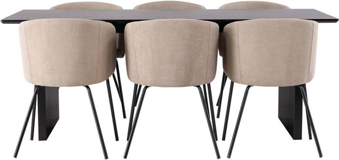 Vail eethoek tafel zwart en 6 berit stoelen beige.