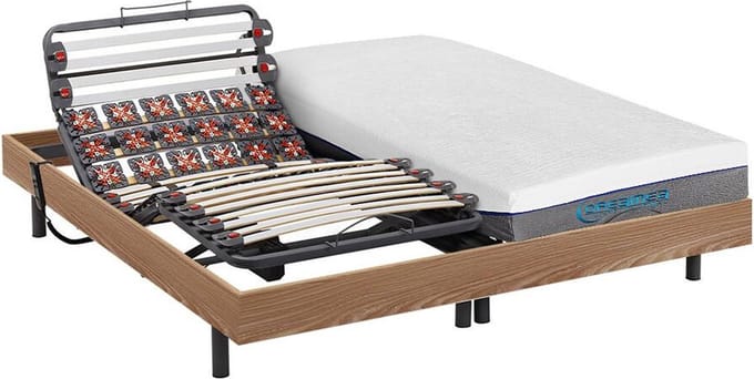 Vente-unique Bed met elektrische lattenbodem stof natuurlijk licht 2 x 80 x 200 cm