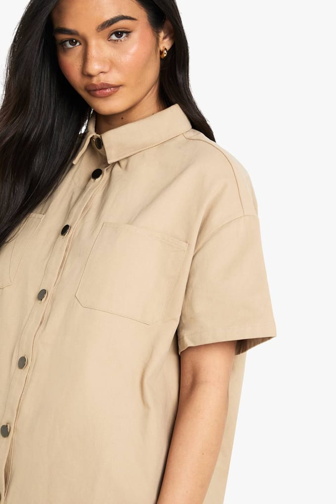 boohoo Dames Twill Korte Mouw Shirt | Stone | Maat: 6
