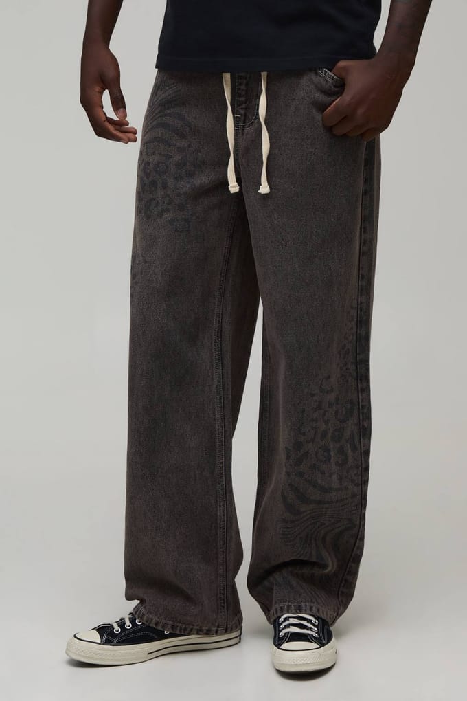 Relaxed Fit Jeans Met Gemengde Dierenprint | Stone | Size 28R
