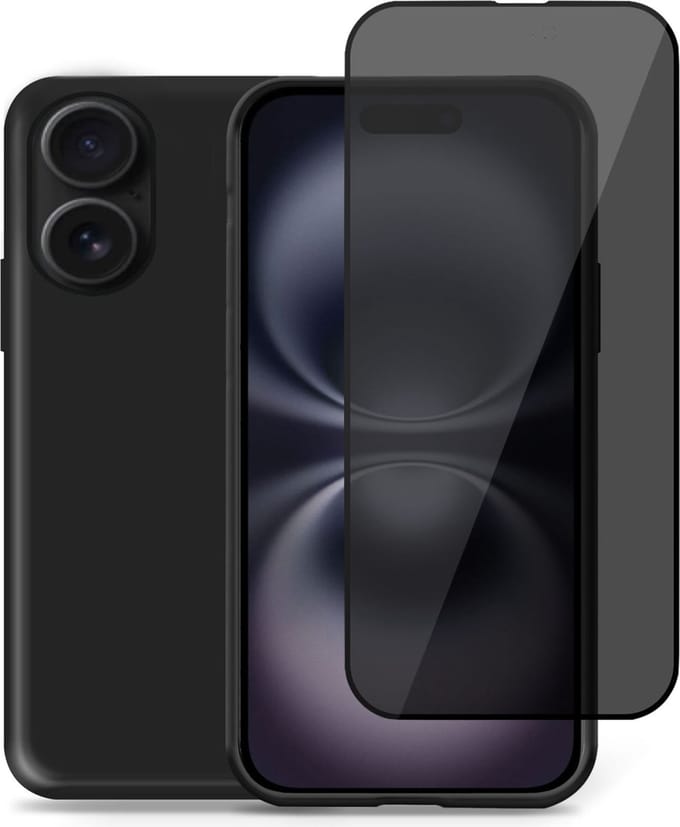 Hoesje + Privé Screenprotector geschikt voor Apple iPhone 16 Plus – Privacy Tempered Glass - Back Case Cover Zwart