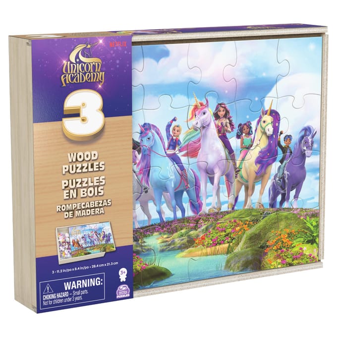 Spin Master Games 3 houten Unicorn Academy-puzzels, elk 24 stukken, kinderpuzzel, illustraties