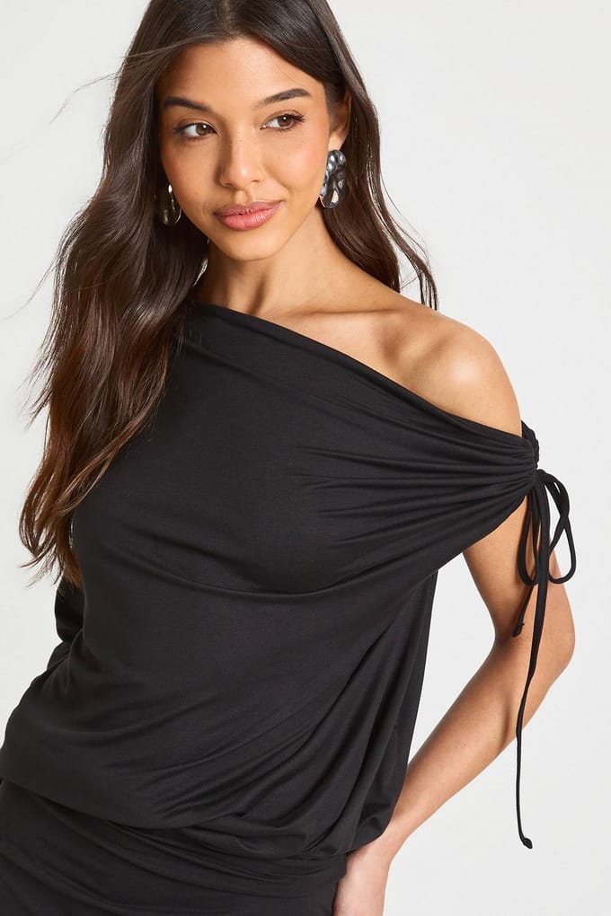 boohoo Dames Soft Touch Draperende Schouder Mini Jurk | Zwart | Maat: 36