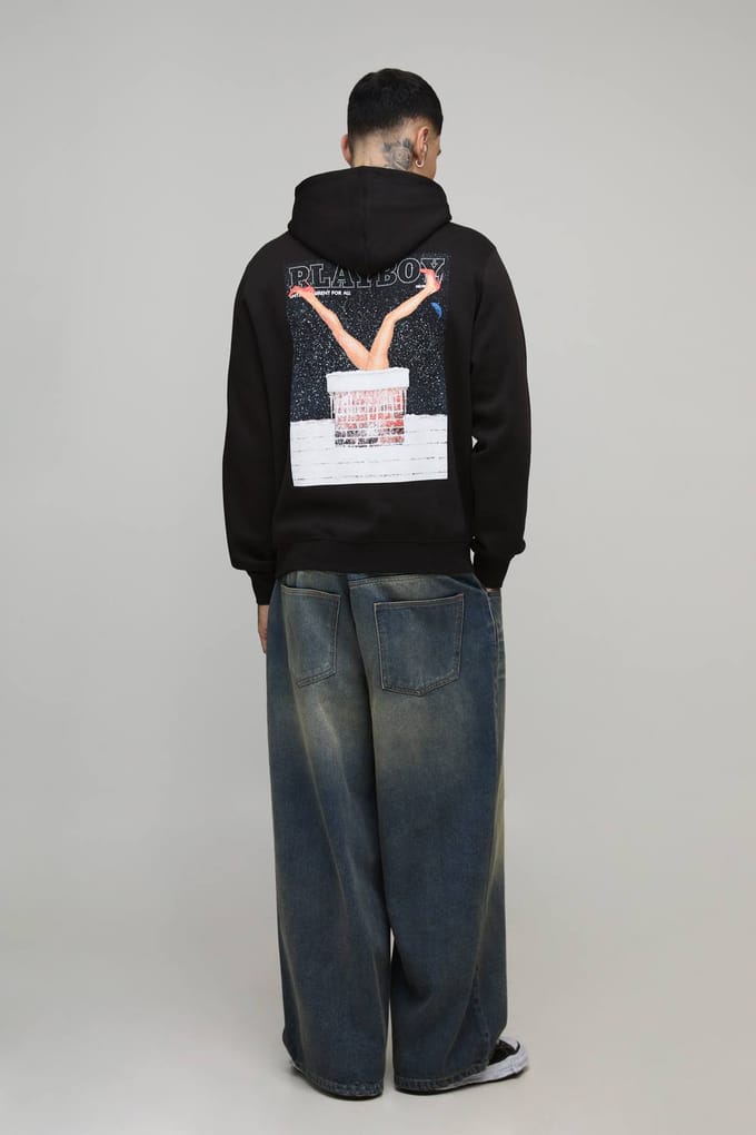 Tall Oversized Playboy Christmas License Printed Hoodie | Black | Size Small