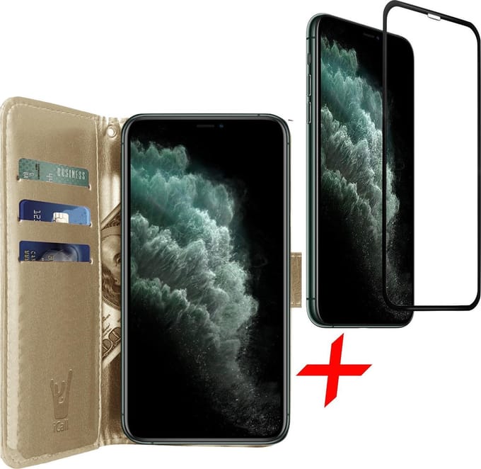 Hoesje geschikt voor iPhone 11 Pro - Screen Protector FullGuard - Book Case Kunstleer Pasjeshouder Goud & Screenprotector