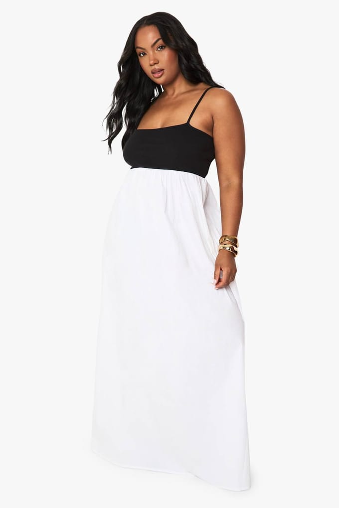 boohoo Dames Plus Fabric Mix Maxi-jurk met riempjes | White | Maat: 26