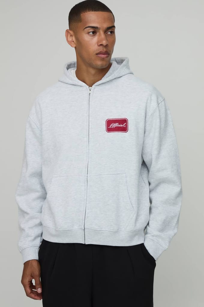 Oversized Boxy Hoodie Met Ritssluiting En Official Borduursel | Grey Marl | Size Medium