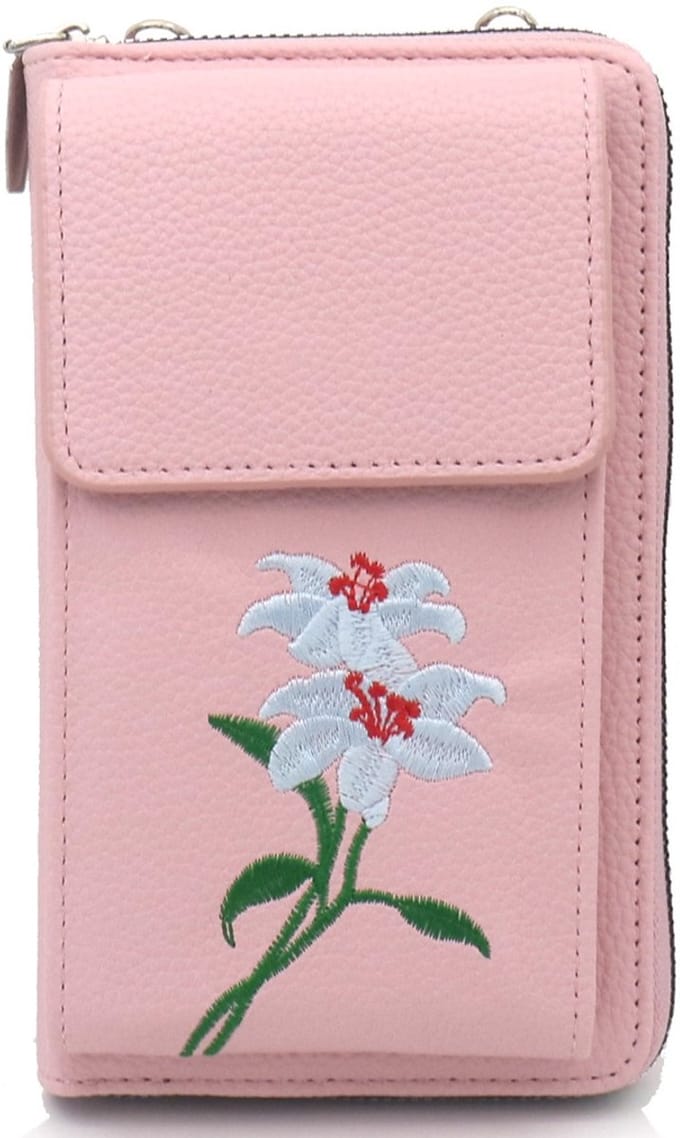 Schoudertas - PU - geborduurde bloemen - roze - 18x10,5x5 cm