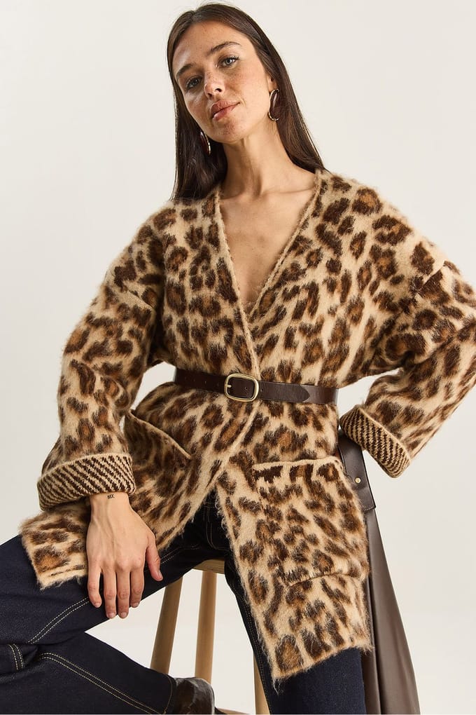 Oversized Lange Cardigan met Luipaardprint en Zakken