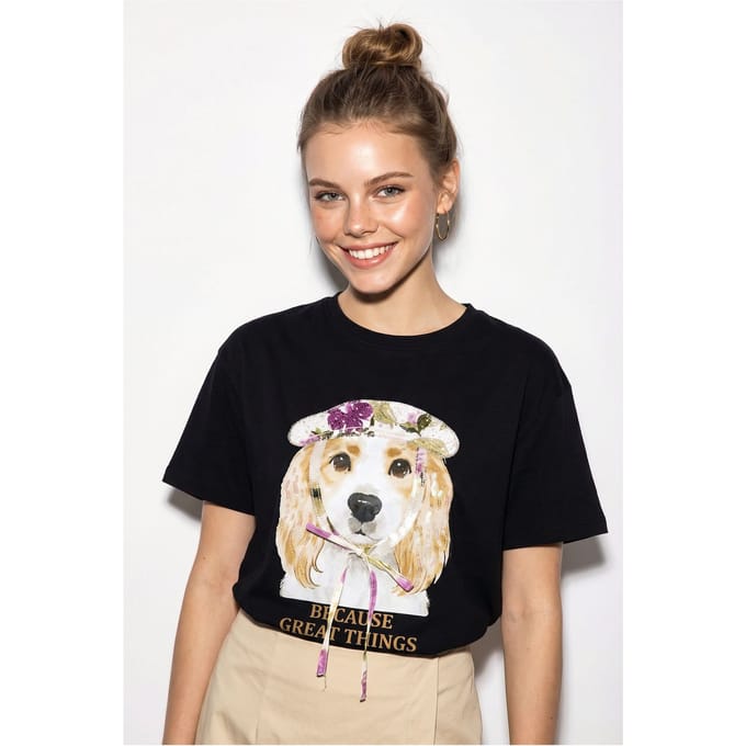 Pailletten Bedrukt T-shirt met Ronde Hals