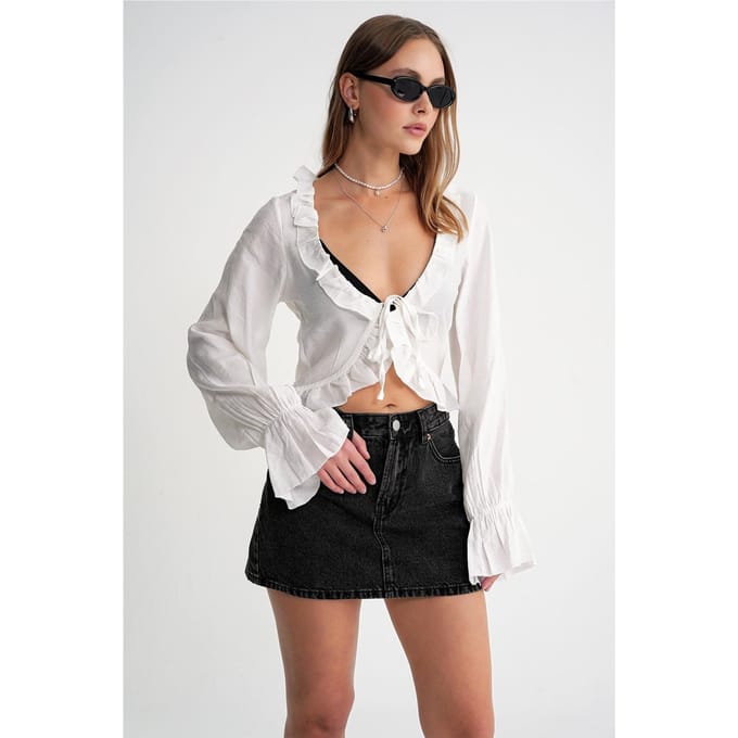 Froufrou V-hals Lange Mouw Crop Blouse