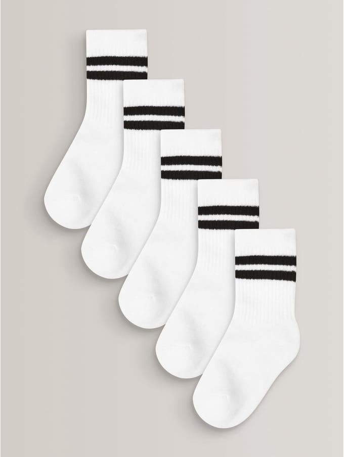 Next - Jongens - Set van 5 paar katoenrijke geribbelde sokken met bies, voetbed met extra demping - Wit