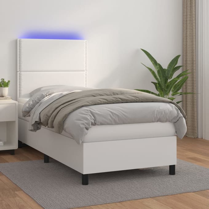 vidaXL - Boxspring - met - matras - en - LED - kunstleer - wit - 100x200 - cm